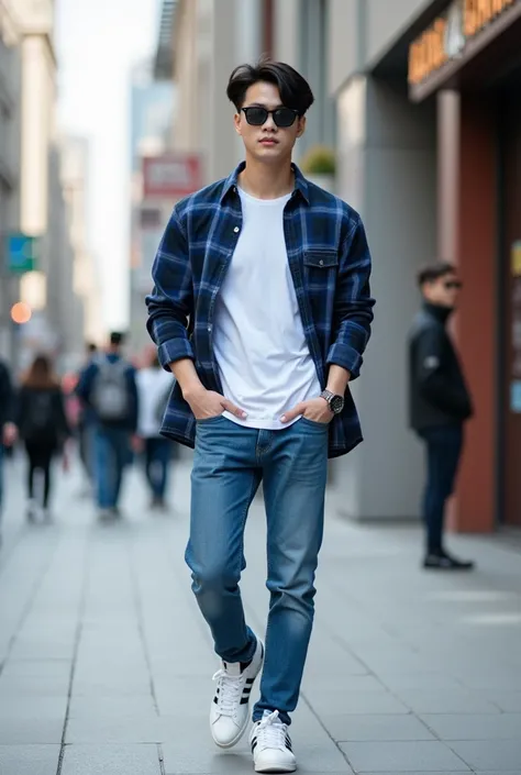  Photography of a clean and clear looking korean guy ,  wears white t-shirt , blue flannel shirt , kacamata hitam,  blue jeans, and sneaker adidas putih. sedang berjalan dipinggir jalanan perkotaan. fac at the camera.  professional photography , Very real,...