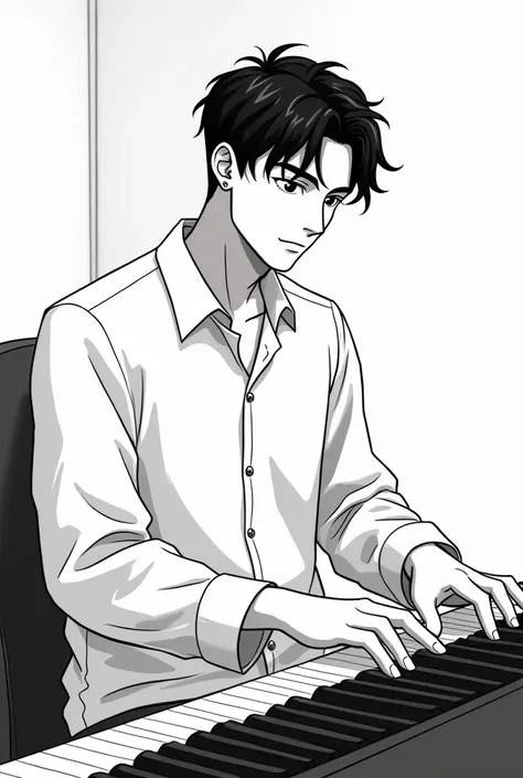  Animated Illustration , Black and white, A cool looking young man without a beard is playing the piano,  Calm Head ,  white shirt top without earrings,  broad shoulder , mature, Expressionless