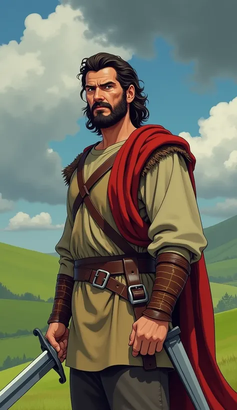 image in 2D 80s style animation, William Wallace, hero of the film Braveheart, a man with a determined expression, wearing the simple clothes of a medieval warrior, holding a long sword. In the background, green hills typical of Scotland under a dramatic s...