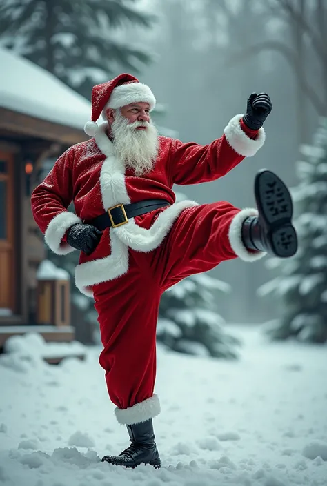 A hyper realistic Santa Claus doing the karate  technique , the crane kick.