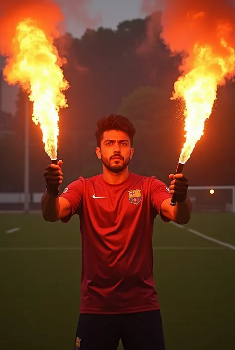 A person with two flares in his hand soccer 
