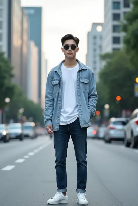  Photography of a clean and clear looking korean guy ,  wears white t-shirt , blue flannel shirt , kacamata hitam,  blue jeans, and sneaker adidas putih. sedang berdiri dipinggir jalanan perkotaan. fac at the camera.  professional photography , Very real, ...