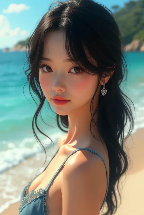 smile, black hair, delicate face, facing the audience, masterpiece, best quality, super fine, best shadow , disney style, best lighting , cinematic light , white skin tone and standing on beach showing face and ass nude.