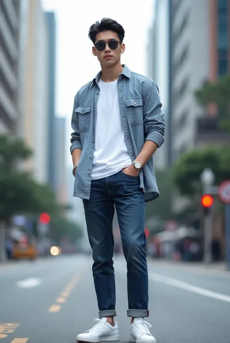  Photography of a clean and clear looking korean guy ,  wears white t-shirt , blue flannel shirt , kacamata hitam,  blue jeans, and sneaker adidas putih. sedang berdiri dipinggir jalanan perkotaan. fac at the camera.  professional photography , Very real, ...