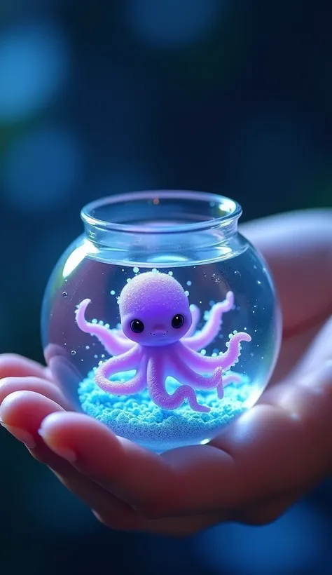 "A tiny, lifelike baby octopus with soft pastel purple skin, bright blue accents on its tentacles, and big, expressive eyes. The octopus swims gently in a round glass fish tank, a little larger than the size of a hand, held carefully in the palm of one han...