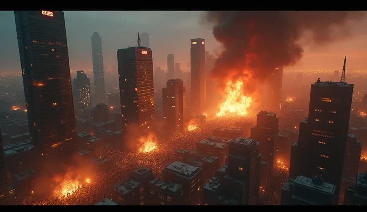 Aerial view of a modern city at night ,  with burning buildings ,  smoke rising to the sky ,  and crowds running in panic through the streets.