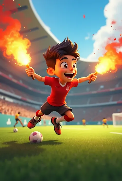 An animated person with two flares in his hand soccer 
