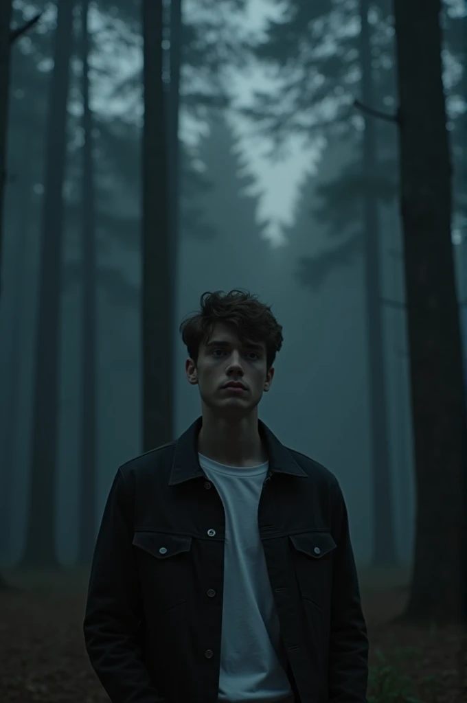 De repente, escuché un susurro, como si alguien me llamara." "A young man in his twenties, looking startled, standing alone in a forest clearing at dusk, listening attentively, dark trees surrounding him, close-up shot, hyper-realistic, photo realism, cine...