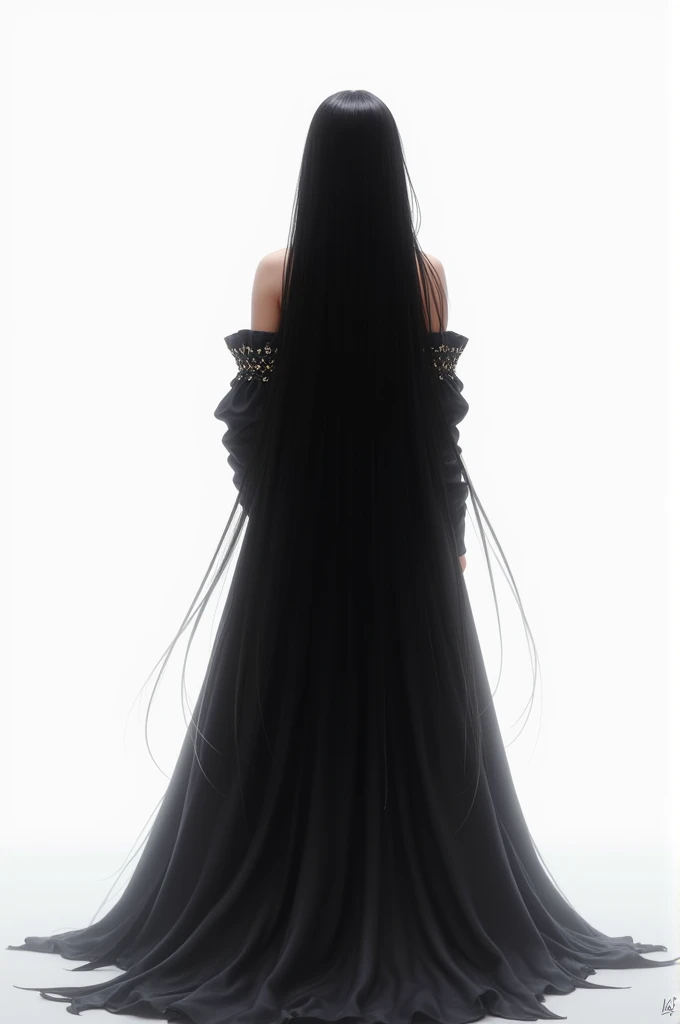 A black-haired princess, facing away,  with white background