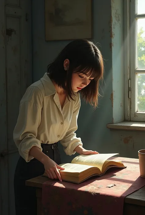 Create an image for a book where there is a 20-year-old woman with dark brown hair , medium length straight hair, With brown eyes honey,  white skin who is in a half-old room with a half-old book on the table and she is standing up to that book to see it 