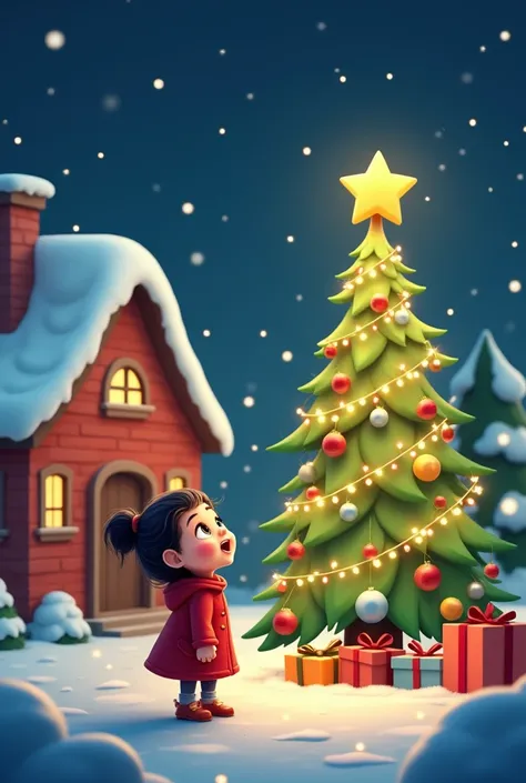 Girl is surprised to see a beautiful Christmas tree when she arrives at her cartoon house at night