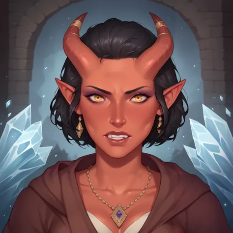 (((beautiful, high quality, comics style, detailed face))), score_9, score_8_up, score_7_up, BREAK, 1beautiful female gypsy, Tiefling, pointed ears, horns, red skin, makeup, black hair, short hair, medium breast, ((jewelry)), wearing intricate clothes, sha...