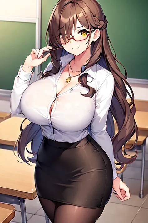 1girl, large breasts, thick thighs, brown hair, wavy hair, long hair, one eye covered, ((one eye covered)), hair over one eye, classroom, smile, pencil skirt, skirt, mature female, necklace, white shirt, shirt, pantyhose, teacher, glasses, red glasses, cle...