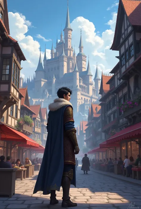 (anime type image), Man turns to look back, medieval clothing, Medieval fantasy city.