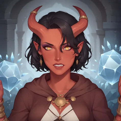 (((beautiful, high quality, comics style, detailed face))), score_9, score_8_up, score_7_up, BREAK, 1beautiful female gypsy, Tiefling, pointed ears, horns, red skin, makeup, black hair, short hair, medium breast, ((jewelry)), wearing intricate clothes, sha...