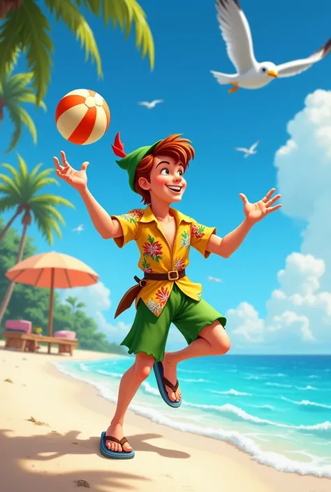 Peter pan in beachwear with beach ball