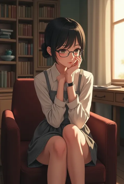 Generate image of a young lady with black hair in a bun with glasses sitting with her legs crossed 