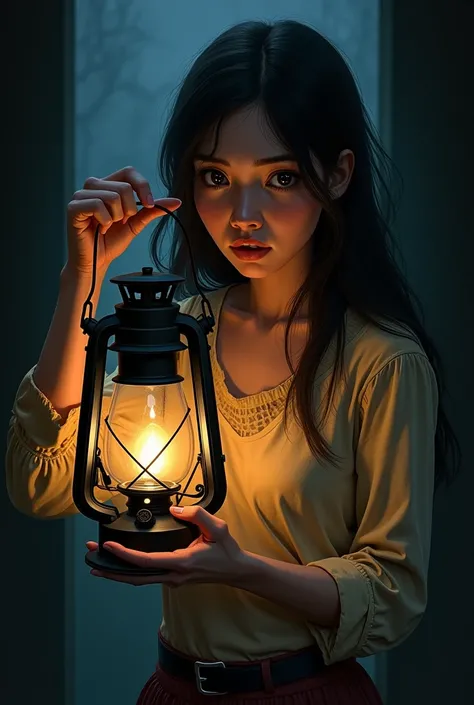 Illustration of a lantern with a burning lamp held by a young woman with fearful eyes in the dark 