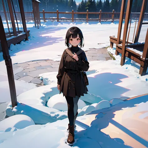 ( High Quality ,  high definition , Very detailed, reality:1.37), Peaceful atmosphere, (Outdoor, garden ,snow),  teenage girl standing alone, Beautiful details,  cute smile, (Black Bob), Ribbed sweater,Brown skirt, Black tights,  brown boots .