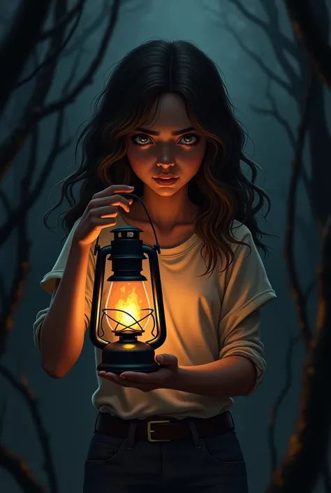  Illustration of a lantern with a burning lamp held by a young woman with eyes of fear, wavy brown hair and dark skin in the midst of the dark  