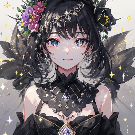 1 Girls Masterpiece 、 top quality、shape、 Dazzling Smile 、Black Diamond Eyes and Hair 、 Black Diamond Earrings 、 Black Diamond Necklaces、Fairy、cute、(moving lighting:1.2)、 Cinematic Lights、Delicate features、Fine grain、 sharp pupils、Realistic student、 depth o...