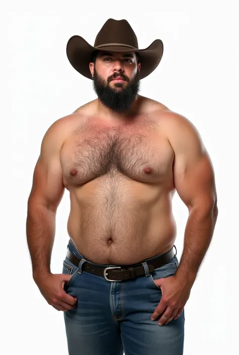  Very large white man , 25 years,  black hair ,  green eyes, lábios beautifuls, nariz fino, mandíbula quadrada, thick eyebrows. Hes seductive , forte, beautiful, masculine. He&#39;s shirtless,  wearing jeans , and a cowboy hat .  Photograph on white backgr...