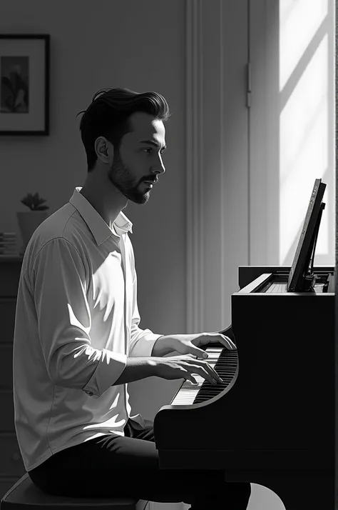  Animated Illustration , Black and white,  with a cool impression , mature, Man with no expression,  playing the piano ,  Calm Head ,  white shirt top without earrings,  broad shoulder , Deep Eyes , high nose