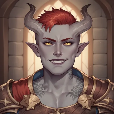 (((beautiful, high quality, comics style, detailed face))), score_9, score_8_up, score_7_up, BREAK, mature_man, evil grin, smug, Tiefling, pointed ears, horns, (gray skin:1.3), red hair, buzz_cut, yellow_eyes, elf ears, fantasy armor, tattoos, tattooed_arm...
