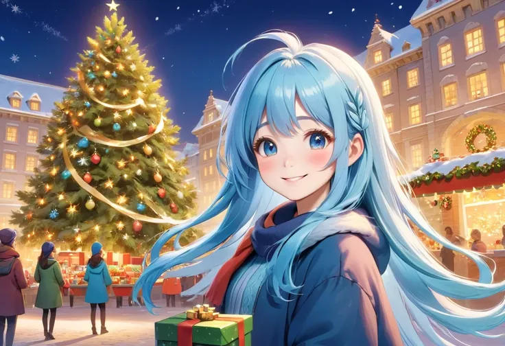   A girl with beautiful long light blue hair 、 Smiling next to a big Christmas tree  、I also have a gift  、  A beautifully illuminated city square 、  Lots of people looking up at the Christmas tree、 with carrots 