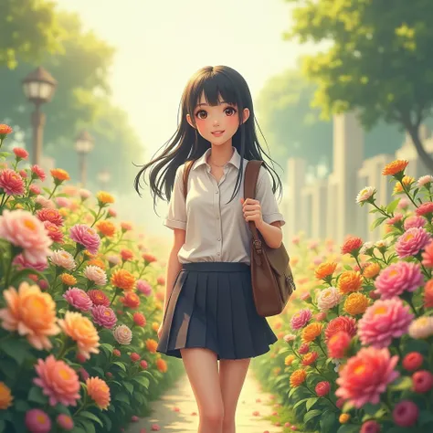 female  in school clothes carrying a bag, in the flower garden