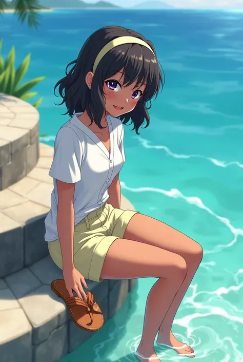 Anime girl, barefeet, mischievous smile, looking to the side at viewer, shoulder-length black wavy hair, barefeet, pale yellow headband, dark brown skin, white shirt, pastel light yellow wide shorts, elegant brown leather calf high sandals in her left hand...