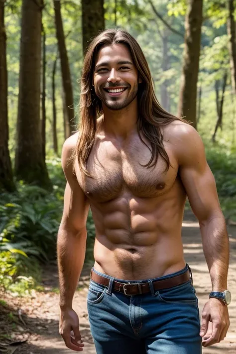 Handsome masculine handsome Smiling cheerful suntanned man with very long down loose hair in the forest 