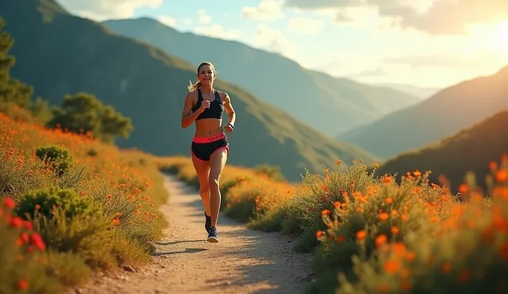 “A dynamic image of a person jogging on a scenic trail, with motion blur effect to convey movement and energy.”