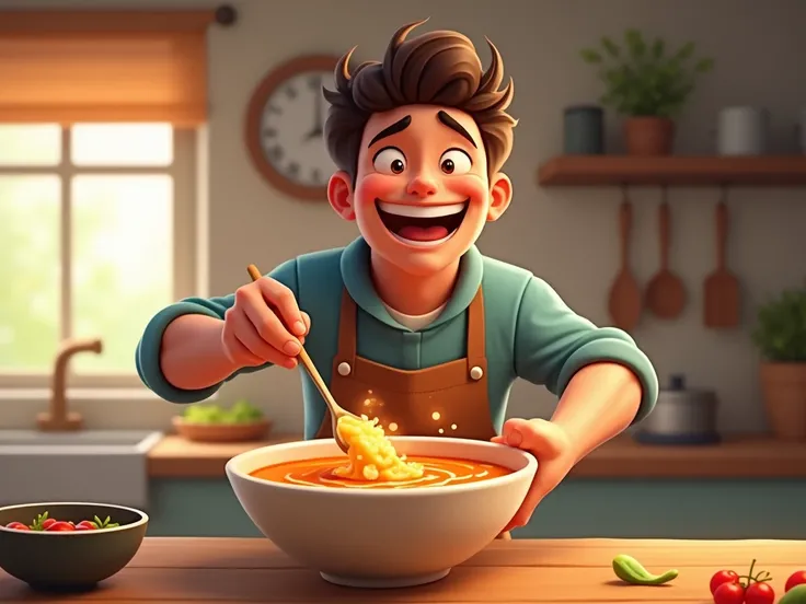 a happy young man preparing his animated soup in a bowl