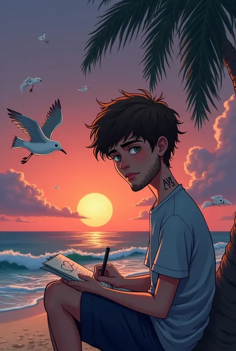 The cover for a song by Aphrodis Triste in which you see a boy in the middle of a beach at a sad sunset, a slightly cloudy but also colorful sunset, that you can see the colors of the sunset in the sky, you can see some seagulls which have faces and have a...