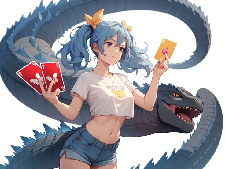 chica estilo anime, blue hair with 2 pigtails , Breasts 34C, With Godzillas tail, Hold a TCG card in your hand, vestida con ropa casual,  white background