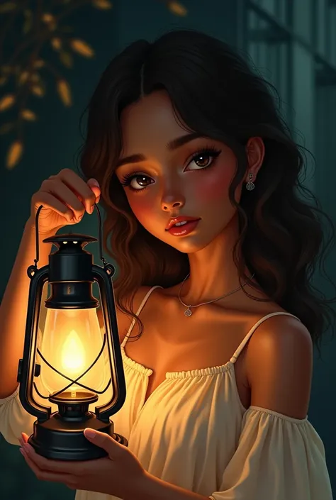 Illustration of a lantern with a burning lamp held by a young woman with sweet eyes , wavy brown hair and dark skin glowing in the dark and bearing the name "Lamp at my feet "  in Spanish