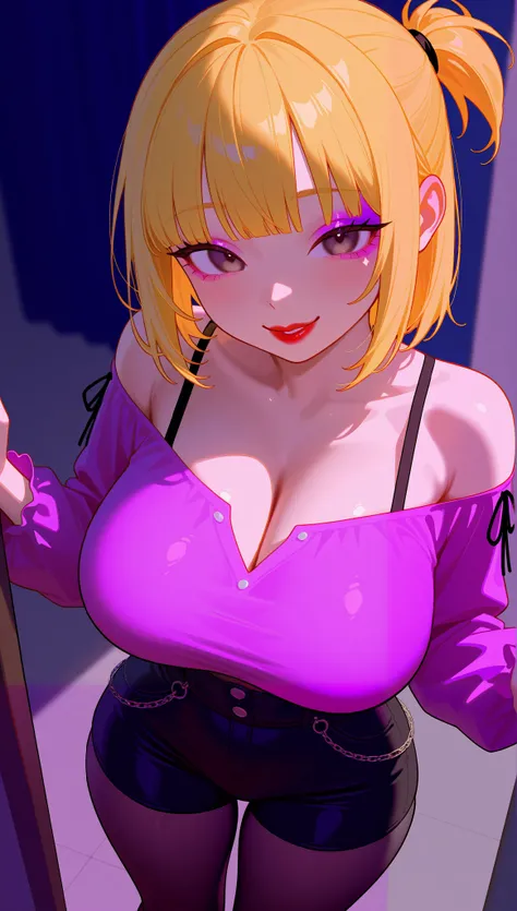 Big Breasts, 1girl, ((Mini Ponytail, Straight Bangs, Hair Cover Eye Hair, Blonde hair)) ((Punk Cibernética girl)) light Dark eyes, has an extremely sexy body, with full breasts and thin waist, and an extremely sexy body, HIP HOP Drop Shoulder Blouse, Punk ...