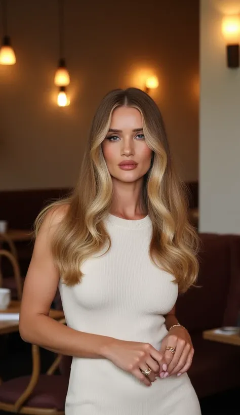 beautiful detailed photograph, blonde hair cascading over her shoulders makeup, wearing a boatneck dress, standing in a cafe, smiling