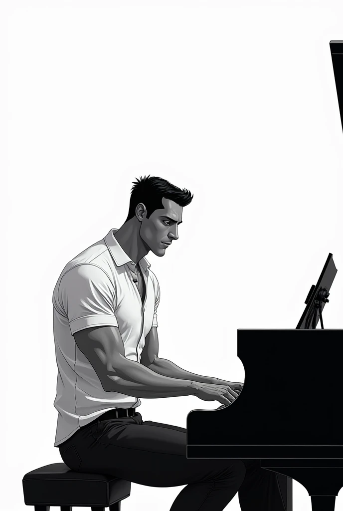  Animated Illustration , Black and white,  with a cool impression , mature, Adonis, Man with no expression,  playing the piano ,  Calm Head ,  white shirt top without earrings,  broad shoulder , muscles, Deep Eyes , high nose