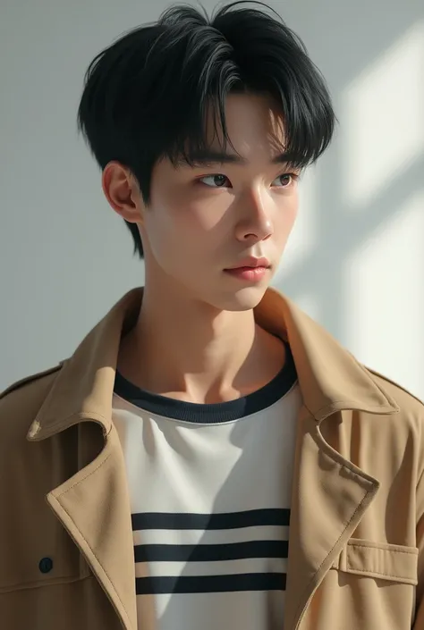 (photorealism:1.2), age 20, male teen, black hair, Japanese brother face, wearing light brown coat, wearing white T shirt with black stripe under light brown coat, scientist pose