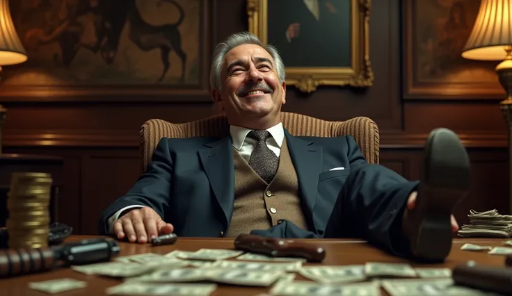  A man, very elegant, With slightly gray hair, sitting with their feet on the table ,  smoking a cigar and with mountains (Masses )  of money on the table ,  looking up , Winner laughing upwards.  Firearms and money on the table . (best quality, 8k, high r...