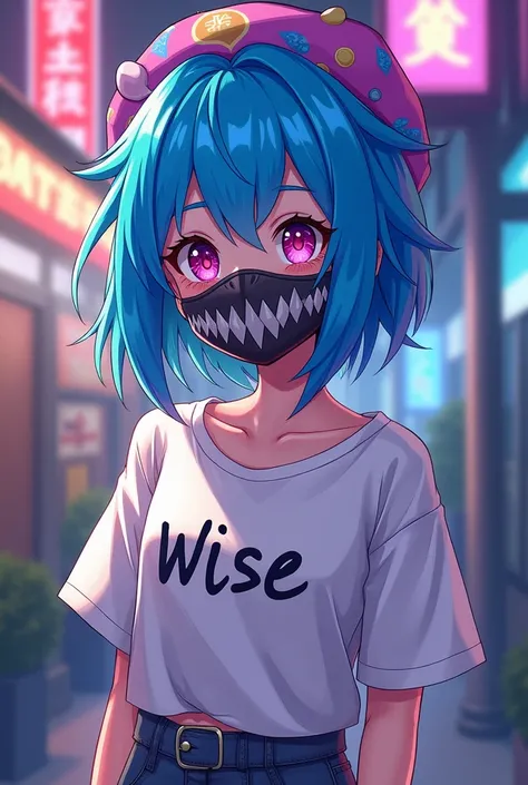  I want a character with blue hair based on the game Fire Fire ,Monster mask and t-shirt written Wise .ff this image being a TikTok profile