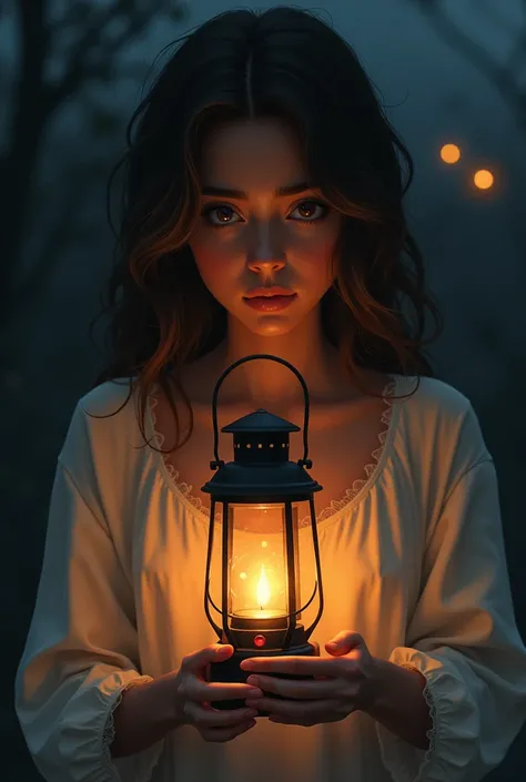 Illustration of a lantern with a burning lamp held by a young woman with sweet eyes, innocent face droopy eyebrows ,  wavy brown hair and dark skin glowing in the dark and marked by the name "Lamp at my feet "  in Spanish