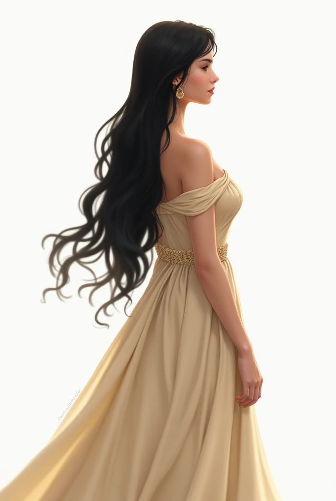 A pretty princess with wavy black hair, with wide beige dress, facing away,  with white background