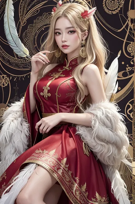 A woman in a red and gold Chinese dress，Phoenix crown，ash blonde hair,（tmasterpiece，top Quority，best qualtiy，offcial art，Beauty and aesthetics：1.2），（1girl：1.3），The is very detailed，（s fractal art：1.1） ，Most detailed，（ zentangle:1.2), full body, (abstract b...