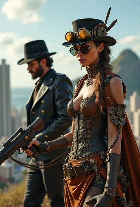  Rio de Janeiro There was a man in a steampunk hat，Woman with a weapon.,   detailed features of the steampunk girls clothing  , wearing steampunk costume , Teenage steampunk inventor, (steam puncture), ( steam puncture ), NOT STEAMPUNK STYLE, steam punctur...