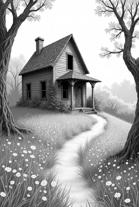 Create a detailed black-and-white pencil sketch of an old, abandoned house on a hill, surrounded by overgrown trees and wildflowers. The house should have an eerie, vintage look, with broken windows, a cracked door, and ivy creeping up the walls. The sky s...