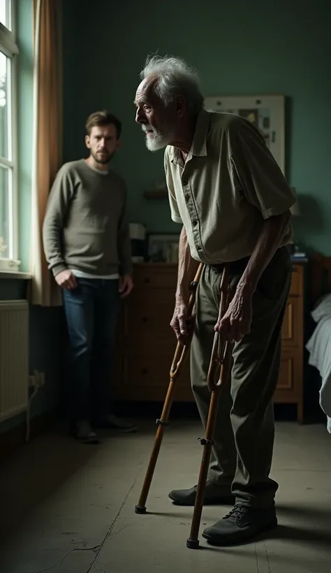 An extremely thin elderly man, with hunched shoulders and a fragile appearance, has a broken leg holding himself on crutches. The environment is a poorly lit room. His son is also in the scene, standing, looking at him with an angry expression. The tension...