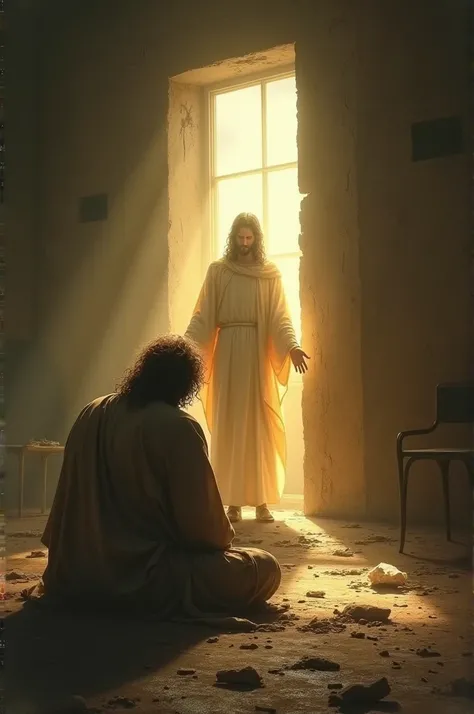 "A dimly lit, abandoned room with broken floors, torn fabrics, and scattered debris. A man, wearing ragged clothes, sits on the ground, his arms folded on his knees and head buried, portraying deep sadness. Behind him, a glowing, serene figure of Jesus Chr...